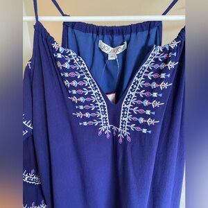 Joy Joy Women’s Linen Aztec Embroidered Floral Cold-Shoulder Dress, Medium, NWT